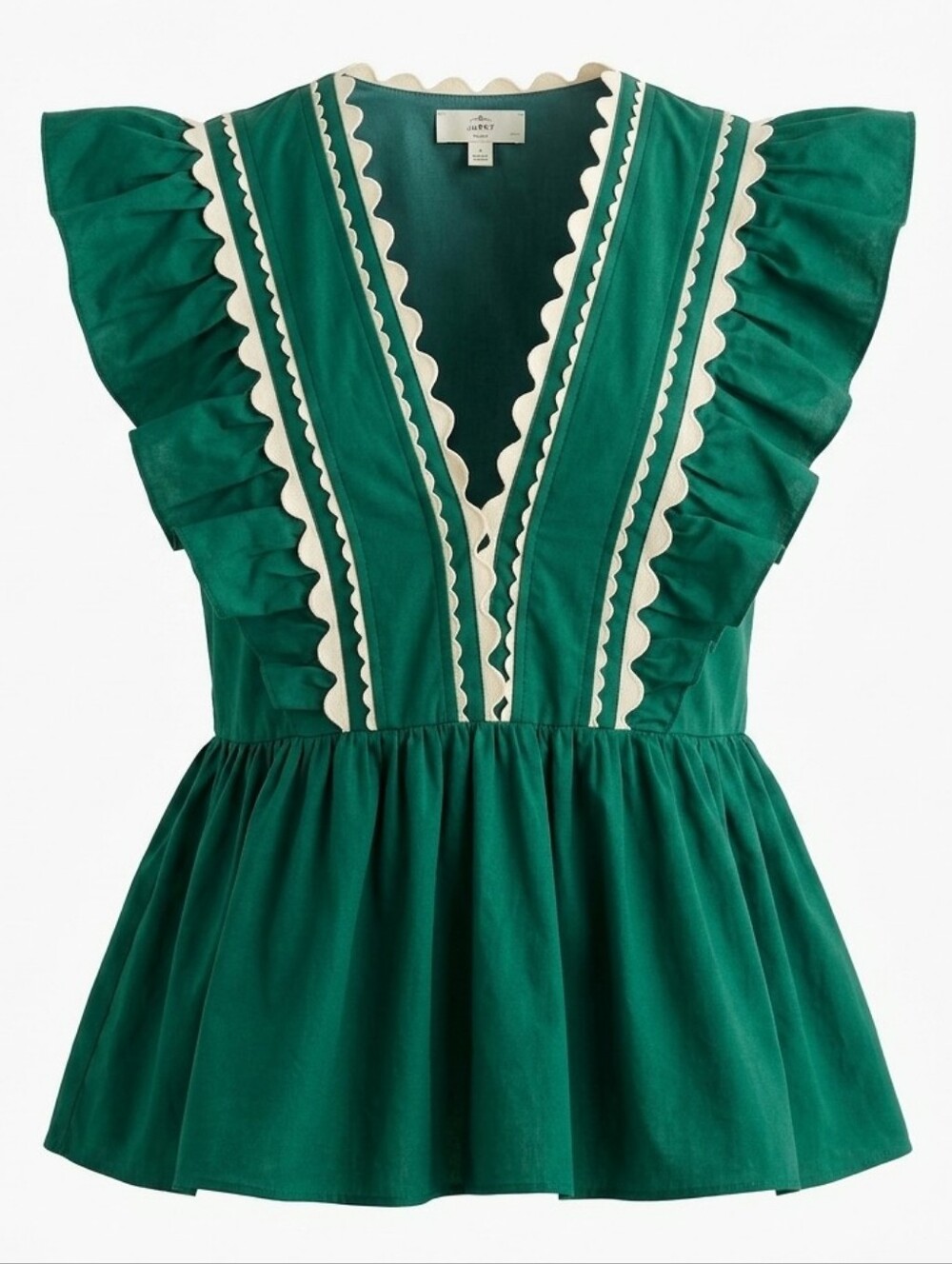 Entro Green Ric Rac Ruffle V Neck Babydoll Blouse Top Sz.S Pemplum Cottagecore - Picture 1 of 13